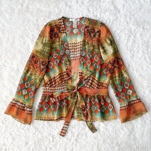 VTG Y2K 90s Multicolour Semi Sheer V-Neck Tie Front Bell Sleeve Boho Top MEDIUM